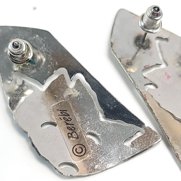 Vintage Blue Enamel Silver Geometric Earrings Bold 80s Statement Jewelry - Picture 8 of 10